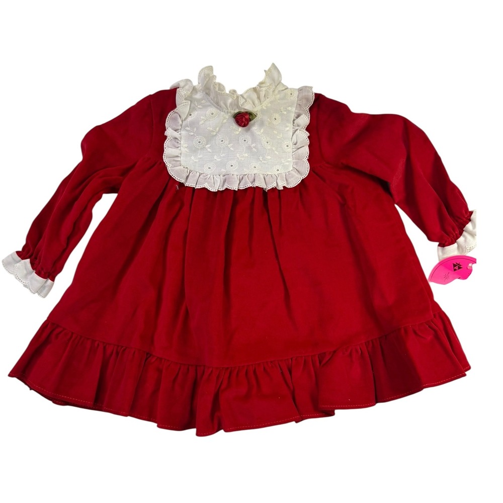 Vintage Just Adorable Red Velvet‎ Ruffle Lace Dress Baby Girl 24m Holiday Party